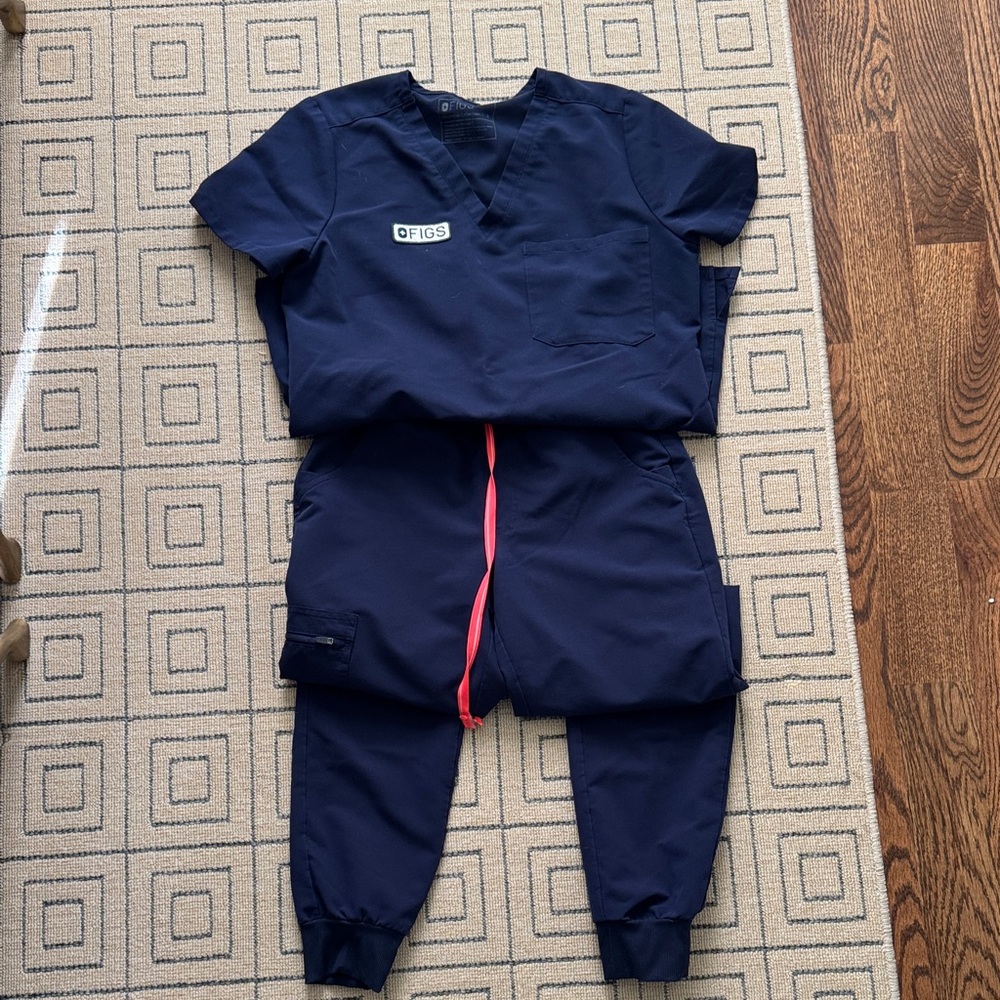 Figs Navy Scrub Top and Jogger Pants with Pink Drawstring